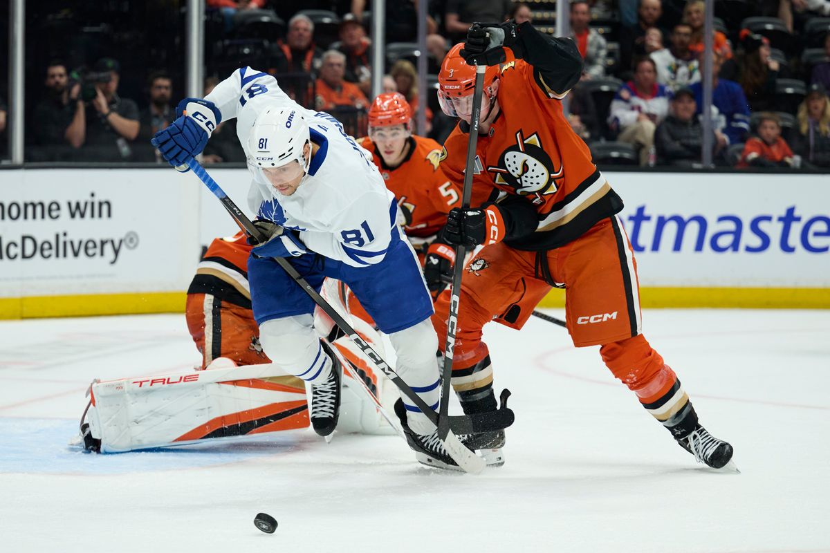 The Anaheim Ducks defender Ian Moore (3) defends the goal during an NHL game against The Toronto Maple Leafs, March 30th, 2026 in Anaheim, California. The Anaheim Ducks defender Ian Moore (3) defends the goal during an NHL game against The Toronto Maple Leafs, March 30th, 2026 in Anaheim, California.