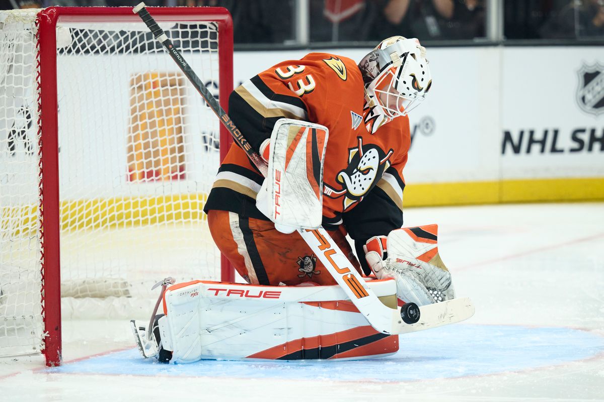 The Anaheim Ducks goaltender Ville Husso (33) blocks a goal attempt during an NHL game against The Toronto Maple Leafs, March 30th, 2026 in Anaheim, California. The Anaheim Ducks goaltender Ville Husso (33) blocks a goal attempt during an NHL game against The Toronto Maple Leafs, March 30th, 2026 in Anaheim, California.
