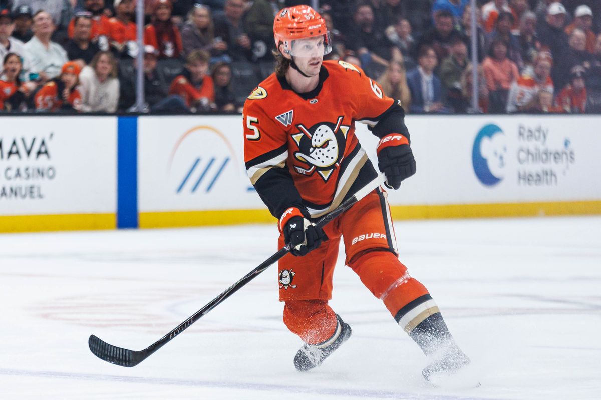 Anaheim Ducks defenseman Jacob Trouba (#65) skates during an NHL match against the St. Louis Blues on April 3, 2026 in Anaheim, California. Anaheim Ducks defenseman Jacob Trouba (#65) skates during an NHL match against the St. Louis Blues on April 3, 2026 in Anaheim, California.