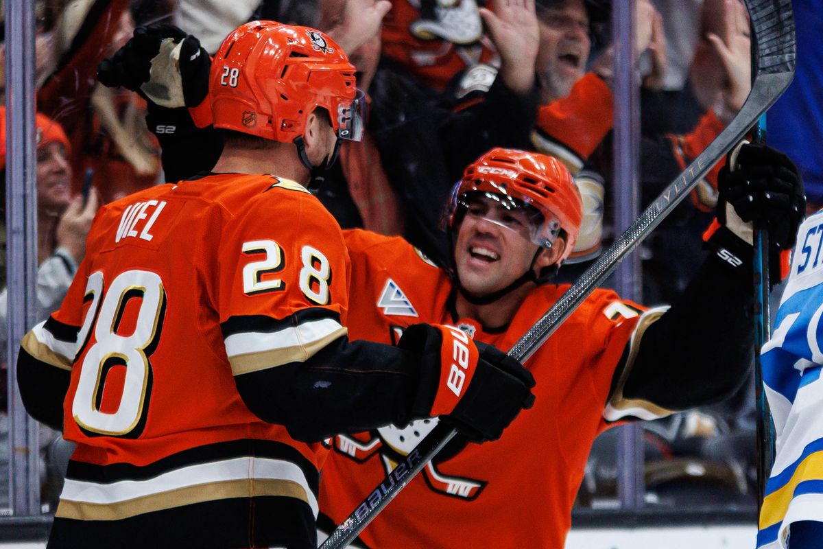 Anaheim Ducks left wing Jeffrey Viel (#28) celebrates with center Ryan Poehling (#25) after scoring a goal during an NHL match against the St. Louis Blues on April 3, 2026 in Anaheim, California. Anaheim Ducks left wing Jeffrey Viel (#28) celebrates with center Ryan Poehling (#25) after scoring a goal during an NHL match against the St. Louis Blues on April 3, 2026 in Anaheim, California.