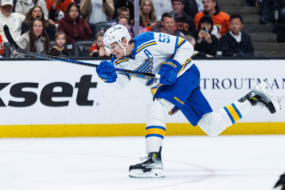 St. Louis Blues defenseman Colton Parayko (#55) shoots the puck for a goal during an NHL match against the Anaheim Ducks on April 3, 2026 in Anaheim, California. St. Louis Blues defenseman Colton Parayko (#55) shoots the puck for a goal during an NHL match against the Anaheim Ducks on April 3, 2026 in Anaheim, California.