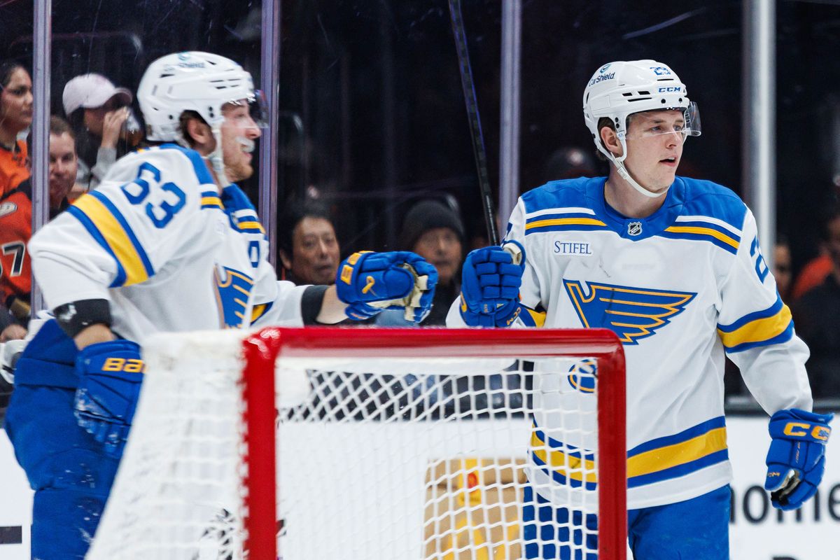 St. Louis Blues right wing Jonatan Berggren (#29) celebrates with left wing Jake Neighbours (#63) after scoring a goal during an NHL match against the Anaheim Ducks on April 3, 2026 in Anaheim, California. St. Louis Blues right wing Jonatan Berggren (#29) celebrates with left wing Jake Neighbours (#63) after scoring a goal during an NHL match against the Anaheim Ducks on April 3, 2026 in Anaheim, California.