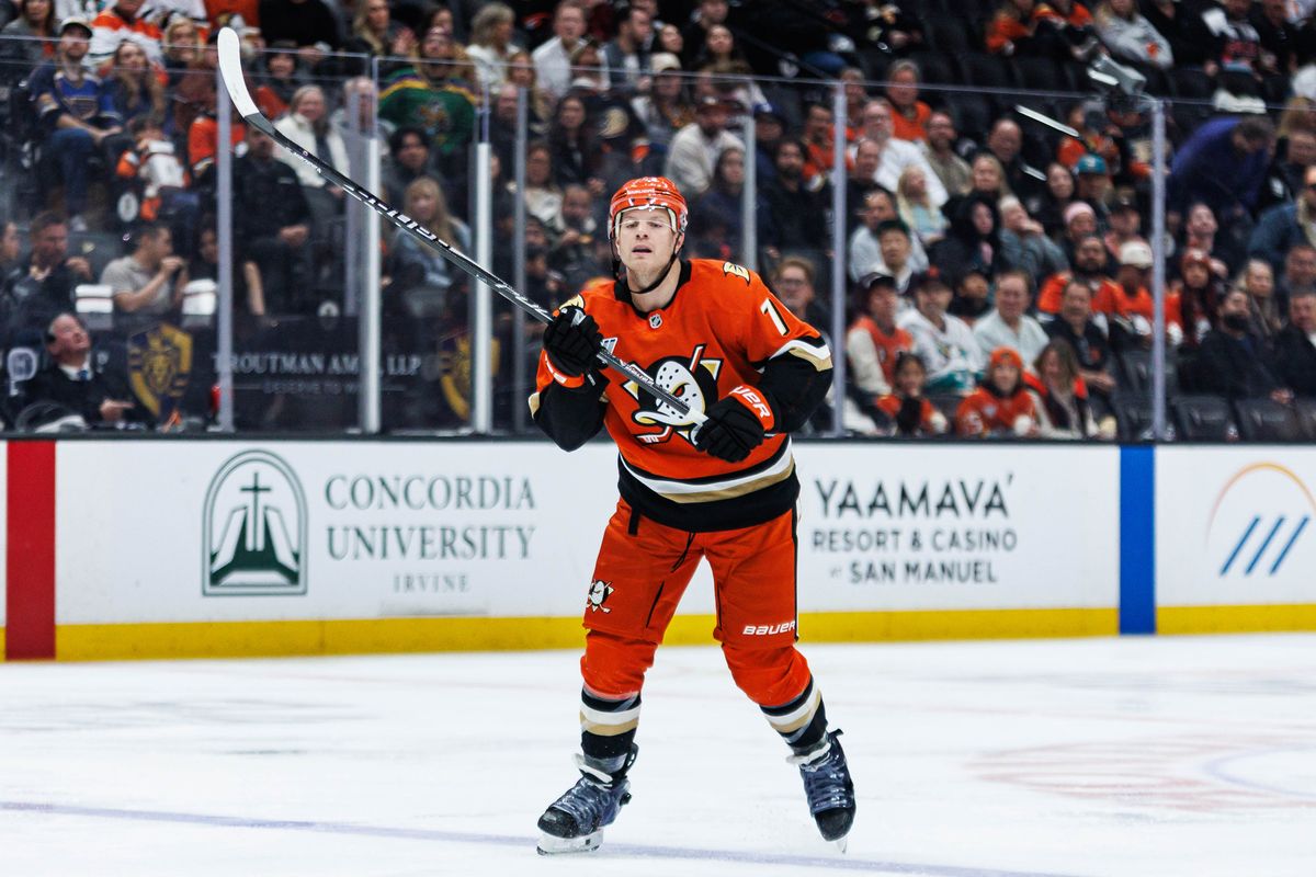 Anaheim Ducks defenseman John Carlson (#74) looks on during an NHL match against the St. Louis Blues on April 3, 2026 in Anaheim, California. Anaheim Ducks defenseman John Carlson (#74) looks on during an NHL match against the St. Louis Blues on April 3, 2026 in Anaheim, California.