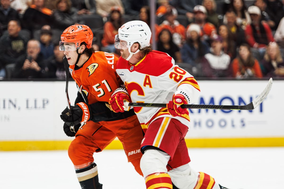 Anaheim Ducks defenseman Olen Zellweger (51) gets shoved during an NHL hockey game against the Calgary Flames, Saturday April 4, 2026 in Anaheim, Calif.