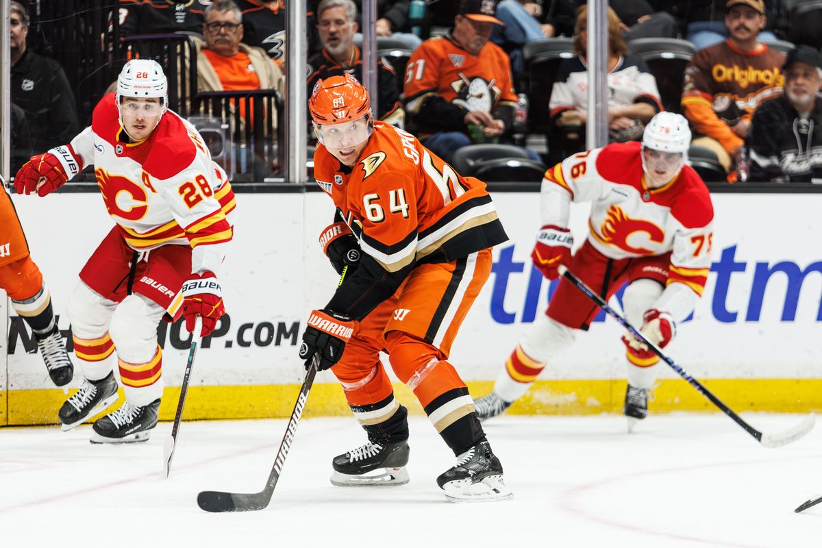 Anaheim Ducks center Mikael Granlund (64) handles the puck during an NHL hockey game against the Calgary Flames, Saturday April 4, 2026 in Anaheim, Calif.