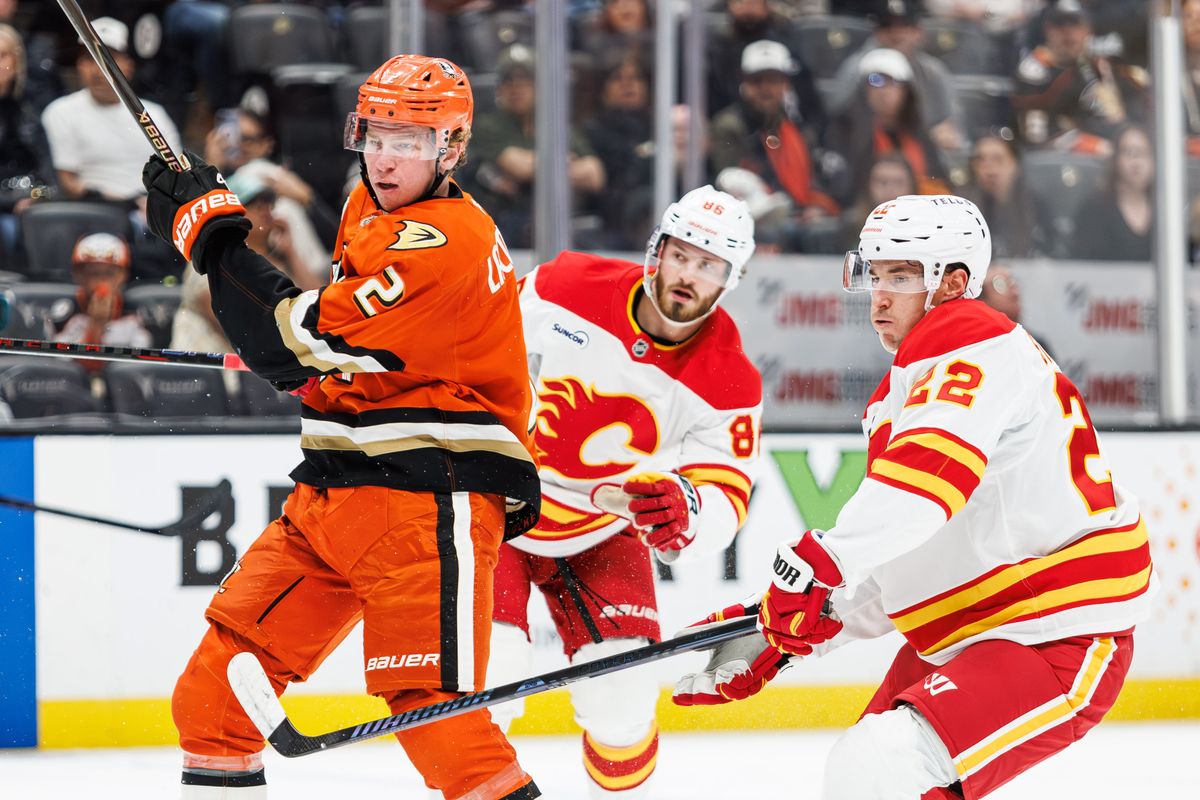 Anaheim Ducks defenseman Jackson LaCombe (2) attempts to score during an NHL hockey game against the Calgary Flames, Saturday April 4, 2026 in Anaheim, Calif.