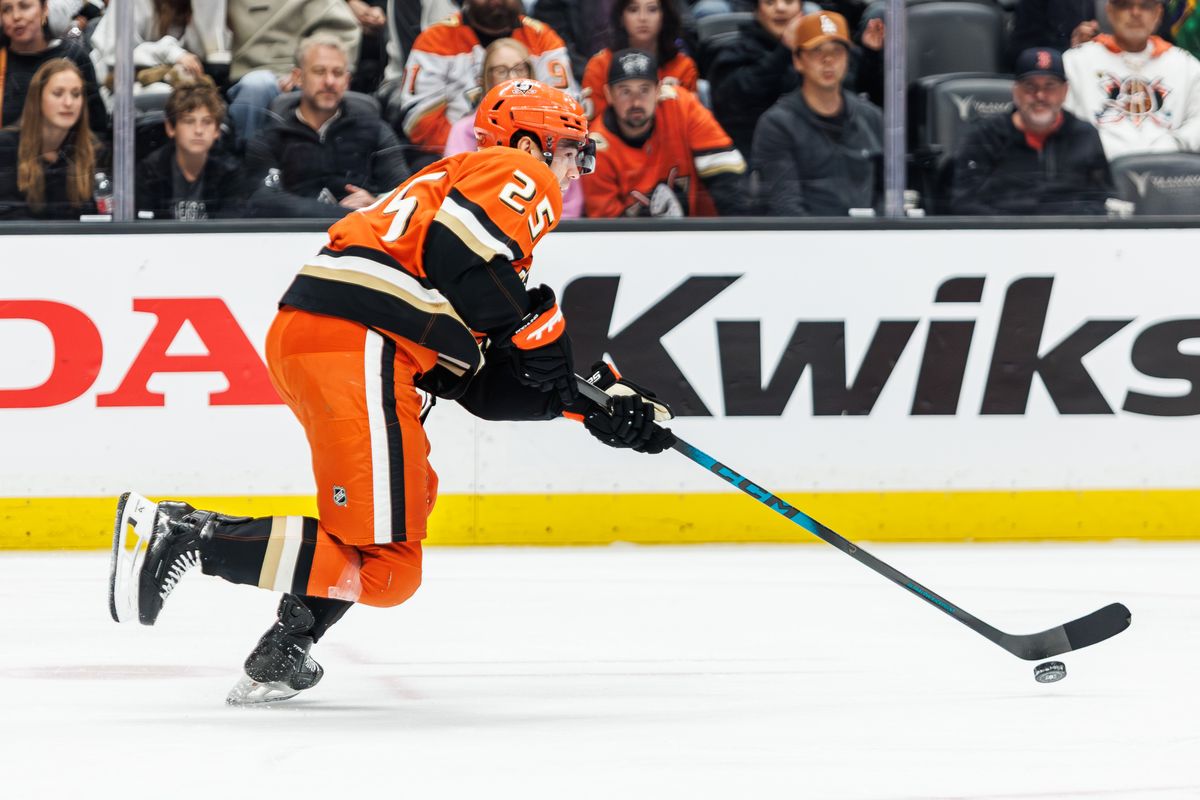 Anaheim Ducks center Mikael Granlund (64) skates towards the puck during an NHL hockey game against the Calgary Flames, Saturday April 4, 2026 in Anaheim, Calif.