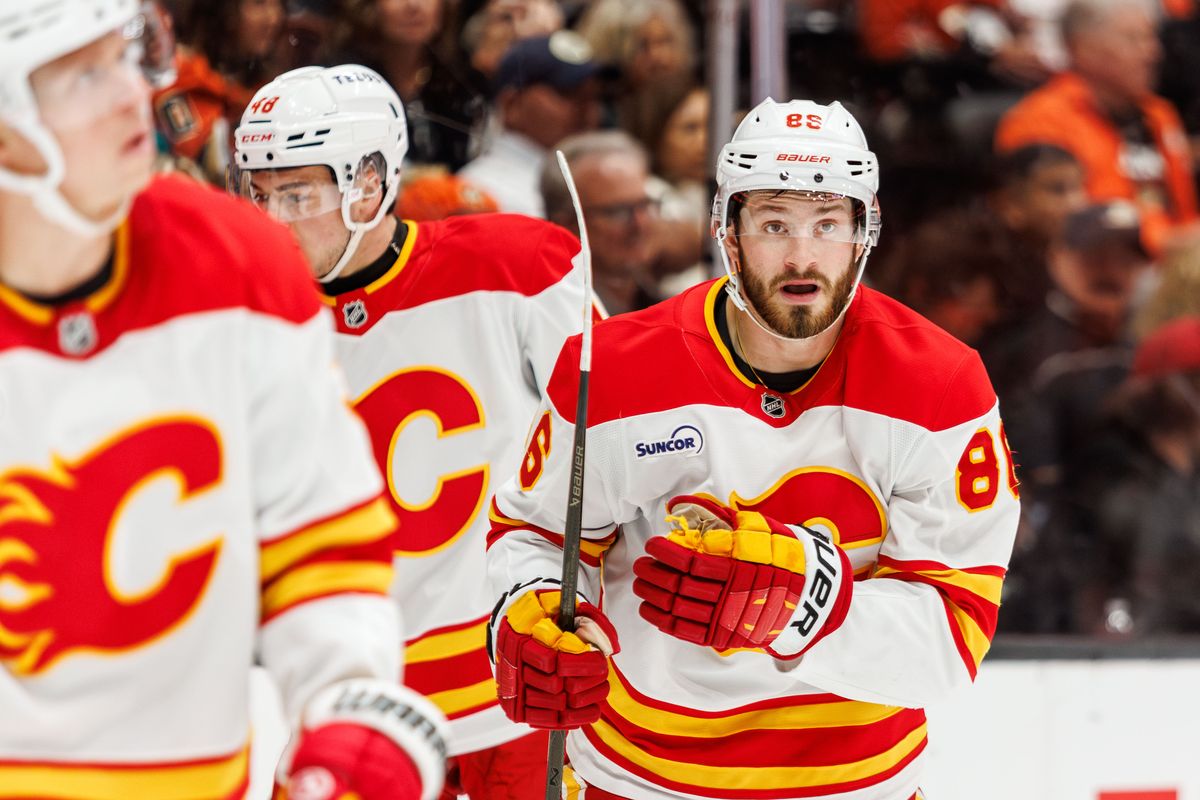 Calgary Flames left wing Joel Farabee (86) celebrates after teammate scores goal during an NHL hockey game against the Calgary Flames, Saturday April 4, 2026 in Anaheim, Calif.