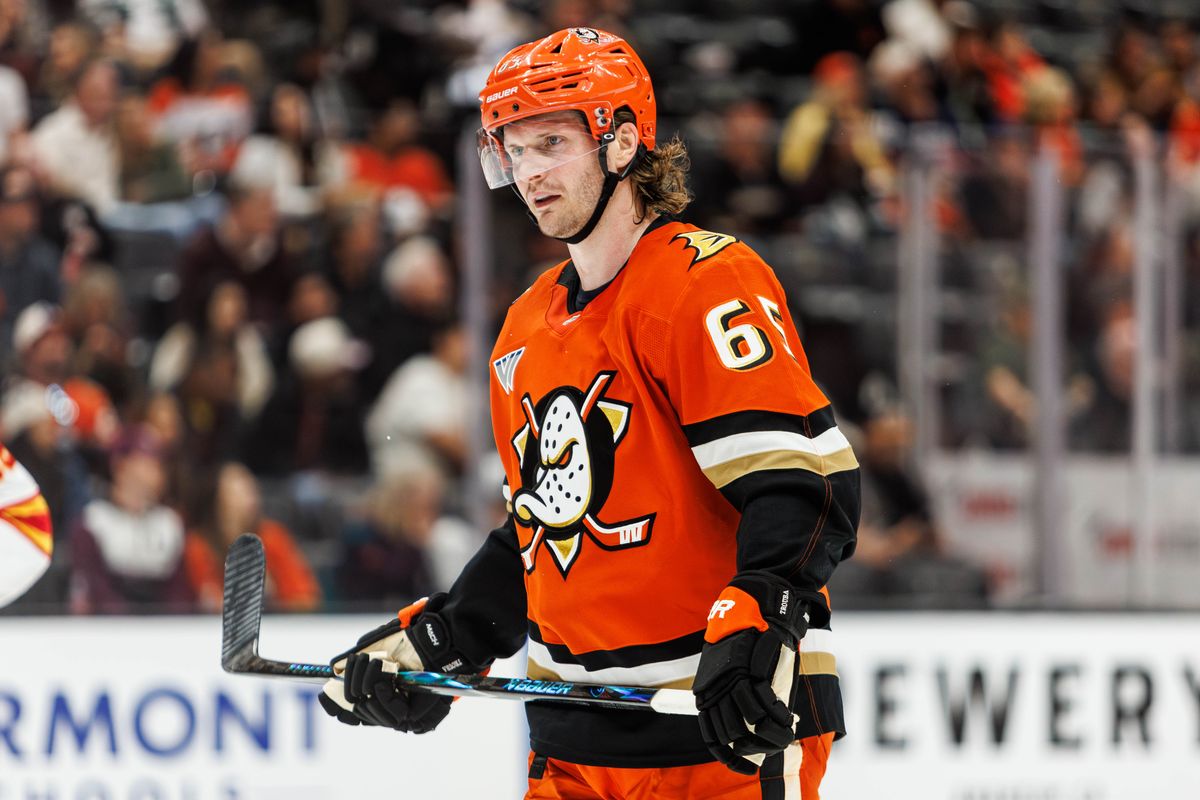Anaheim Ducks defenseman Jacob Trouba (65) during an NHL hockey game against the Calgary Flames, Saturday April 4, 2026 in Anaheim, Calif.