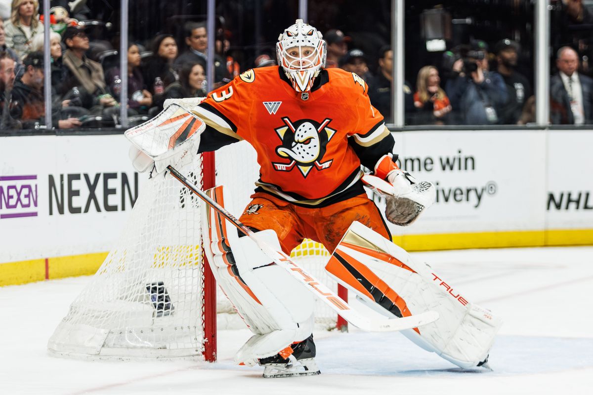 Anaheim Ducks goaltender Ville Husso (33) protects goal during an NHL hockey game against the Calgary Flames, Saturday April 4, 2026 in Anaheim, Calif.