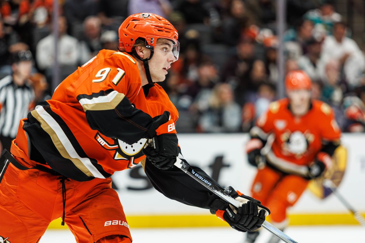 Anaheim Ducks center Leo Carlsson (91) passes the puck during an NHL hockey game against the Calgary Flames, Saturday April 4, 2026 in Anaheim, Calif.