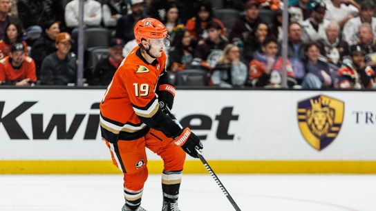 Anaheim Ducks right wing Troy Terry (19) handles the puck during an NHL hockey game against the Calgary Flames, Saturday April 4, 2026 in Anaheim, Calif.