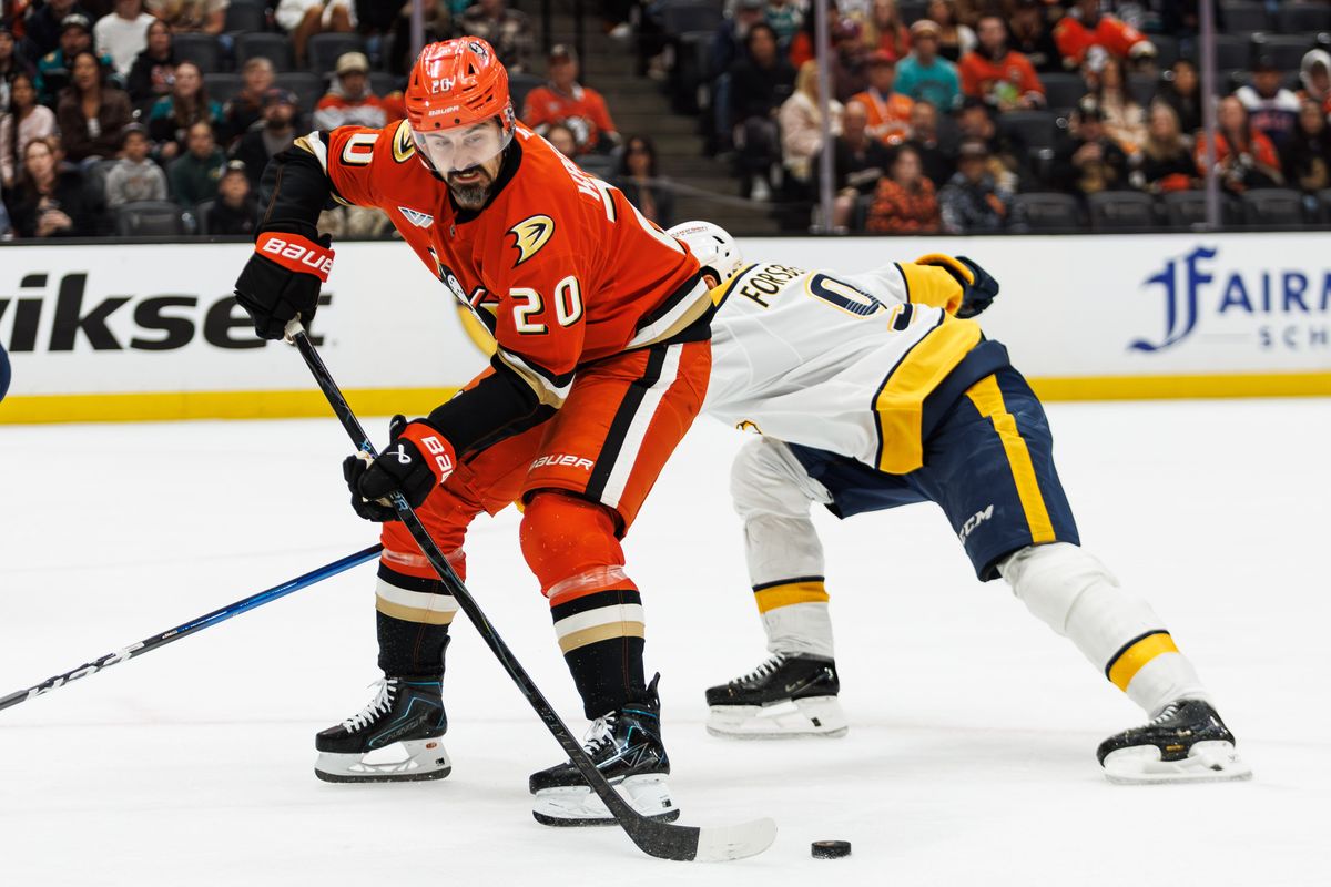 Anaheim Ducks left wing Chris Kreider (20) defends the puck during an NHL hockey game against the Nashville Predators, Tuesday April 7, 2026 in Anaheim, Calif. Anaheim Ducks left wing Chris Kreider (20) defends the puck during an NHL hockey game against the Nashville Predators, Tuesday April 7, 2026 in Anaheim, Calif.