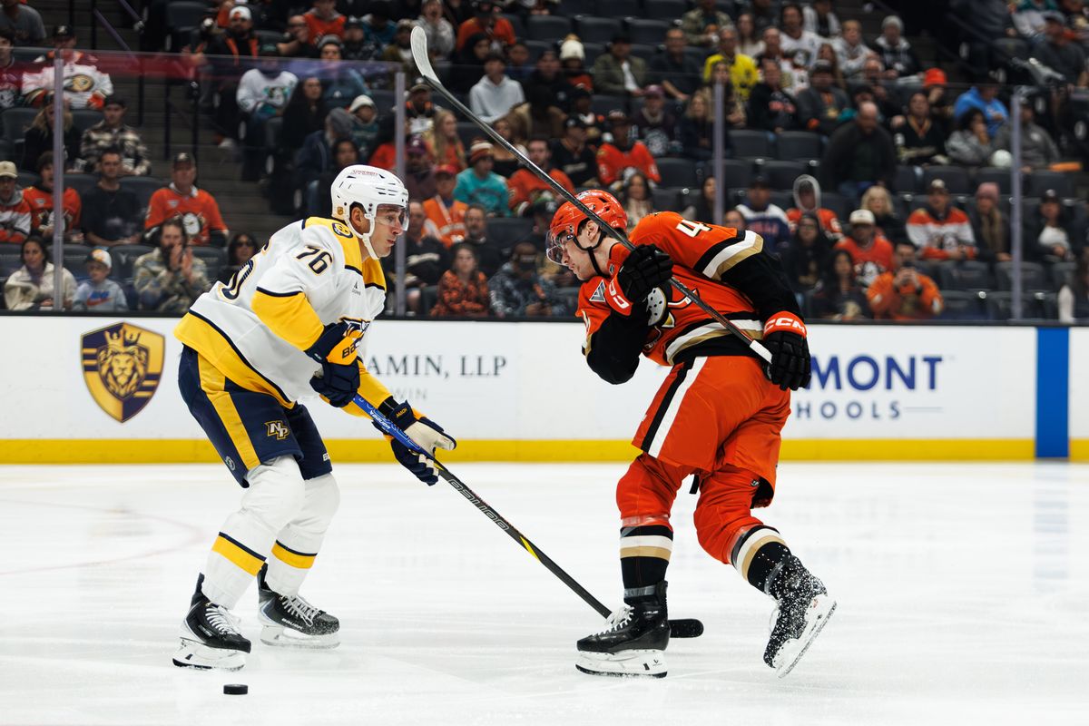 Anaheim Ducks right wing Beckett Sennecke (45) takes a shot during an NHL hockey game against the Nashville Predators, Tuesday April 7, 2026 in Anaheim, Calif. Anaheim Ducks right wing Beckett Sennecke (45) takes a shot during an NHL hockey game against the Nashville Predators, Tuesday April 7, 2026 in Anaheim, Calif.