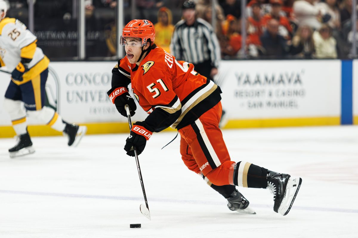 Anaheim Ducks defenseman Olen Zellweger (51) has possession of the puck during an NHL hockey game against the Nashville Predators, Tuesday April 7, 2026 in Anaheim, Calif. Anaheim Ducks defenseman Olen Zellweger (51) has possession of the puck during an NHL hockey game against the Nashville Predators, Tuesday April 7, 2026 in Anaheim, Calif.
