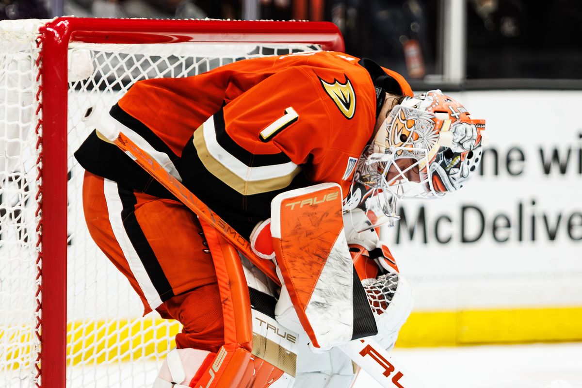 Anaheim Ducks goaltender Lukas Dostal (1) bows down during an NHL hockey game against the Nashville Predators, Tuesday April 7, 2026 in Anaheim, Calif. Anaheim Ducks goaltender Lukas Dostal (1) bows down during an NHL hockey game against the Nashville Predators, Tuesday April 7, 2026 in Anaheim, Calif.