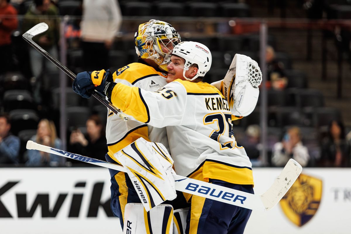 Nashville Predators goaltender Justus Annunen (29) and Nashville Predators right wing Joakim Kemell (25) celebrating together after the NHL hockey game against the Anaheim Ducks, Tuesday April 7, 2026 in Anaheim, Calif. Nashville Predators goaltender Justus Annunen (29) and Nashville Predators right wing Joakim Kemell (25) celebrating together after the NHL hockey game against the Anaheim Ducks, Tuesday April 7, 2026 in Anaheim, Calif.