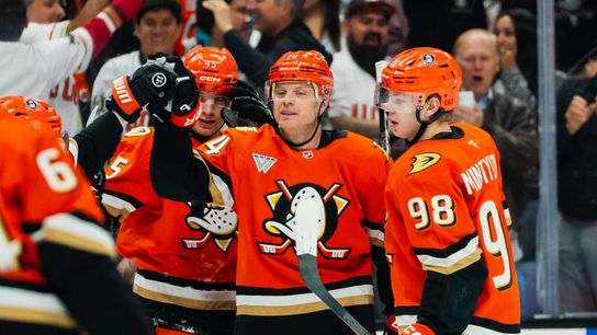 Anaheim Ducks celebrating a goal during an NHL hockey game against the San Jose Sharks, Thursday, April 9th, 2026 in Anaheim, California