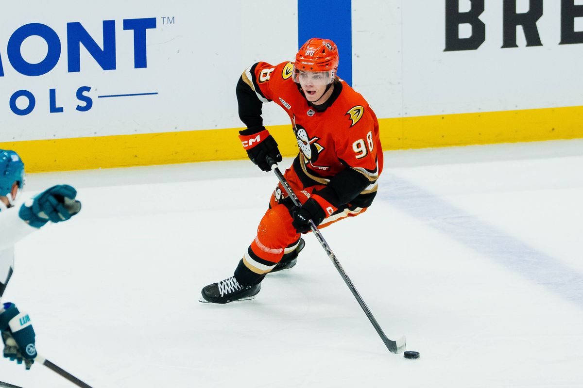Anaheim Ducks defenseman Pavel Mintukov (98) looks for the open teammate during an NHL hockey game against the San Jose Sharks, Thursday, April 9th, 2026 in Anaheim, California Anaheim Ducks defenseman Pavel Mintukov (98) looks for the open teammate during an NHL hockey game against the San Jose Sharks, Thursday, April 9th, 2026 in Anaheim, California