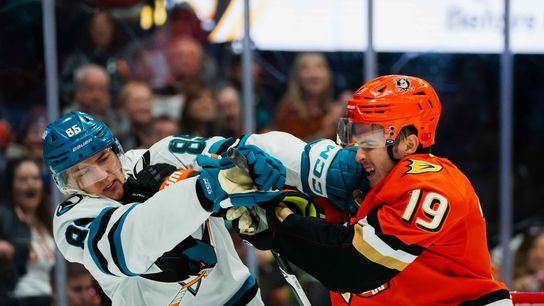 Anaheim Ducks right wing Troy Terry (19) getting into an altercation during an NHL hockey game against the San Jose Sharks, Thursday, April 9th, 2026 in Anaheim, California