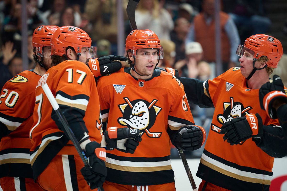 The Anaheim Duck’s celebrate a goal during an NHL game against the Vancouver Canucks, April 12th, 2026 in Anaheim California.