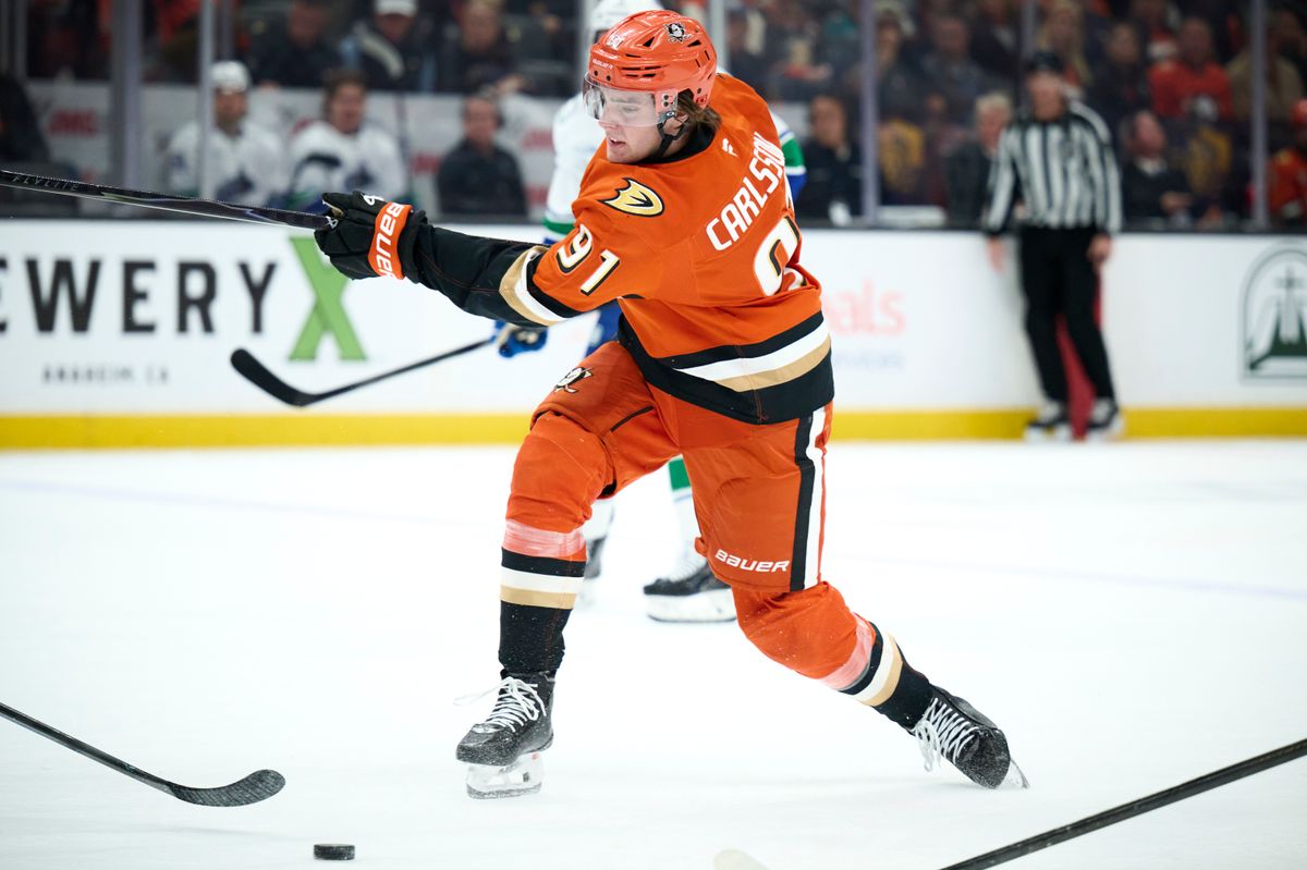 The Anaheim Duck’s Leo Carlsson #91 shoots a goal attempt during an NHL game against the Vancouver Canucks, April 12th, 2026 in Anaheim California.