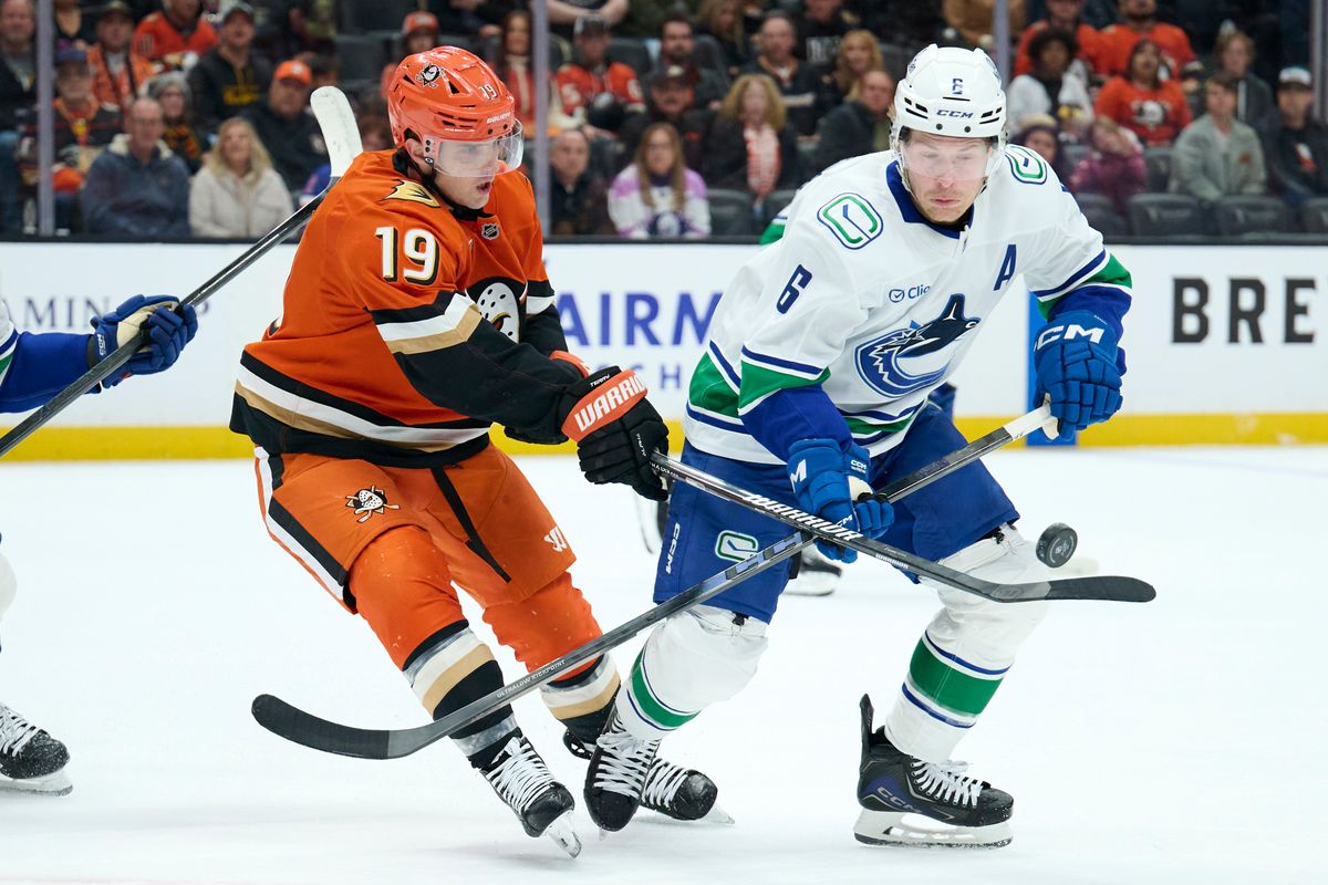 The Anaheim Duck’s Troy Terry #19 fights for the puck during an NHL game against the Vancouver Canucks, April 12th, 2026 in Anaheim California.