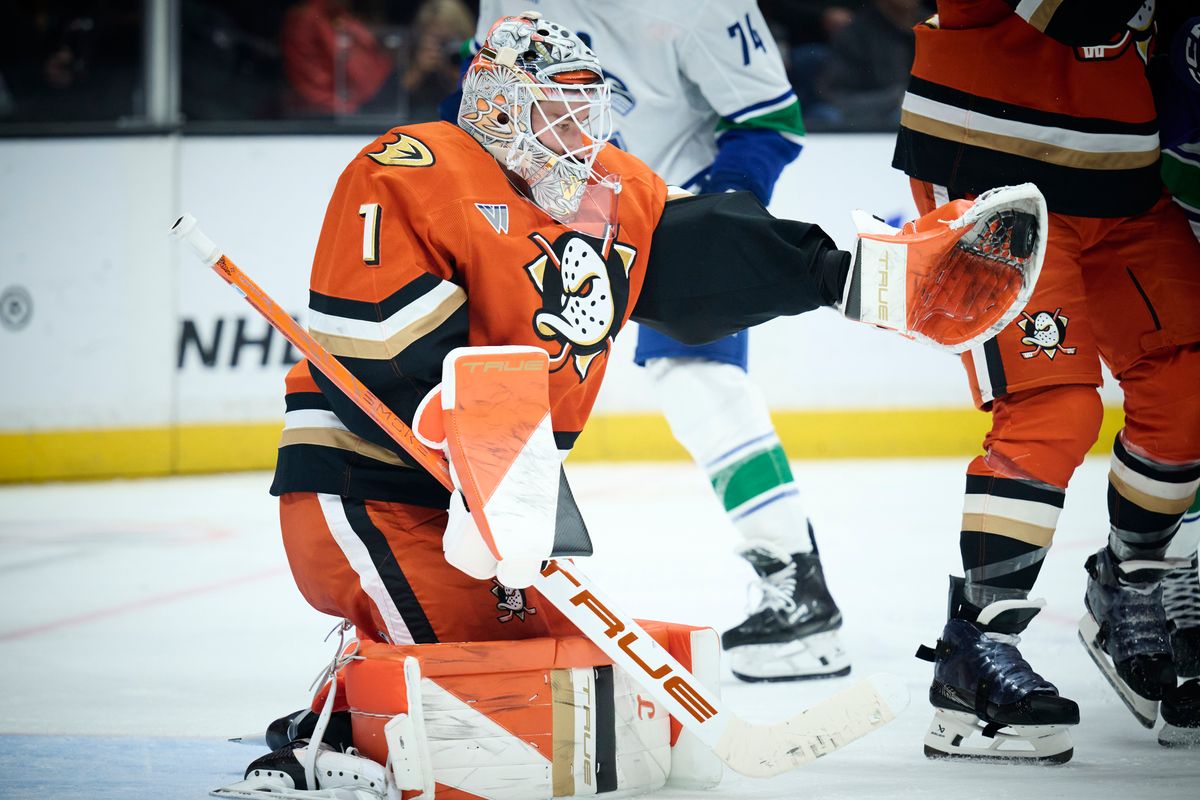 The Anaheim Duck’s Lukas Dostal #1 catches a goal attempt during an NHL game against the Vancouver Canucks, April 12th, 2026 in Anaheim California.