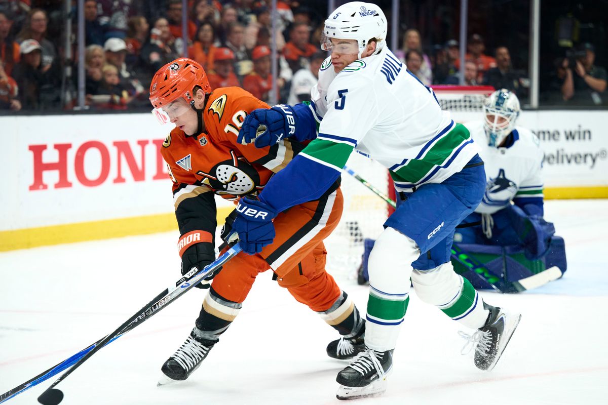 The Anaheim Duck’s Troy Terry #19 fights for the puck during an NHL game against the Vancouver Canucks, April 12th, 2026 in Anaheim California.