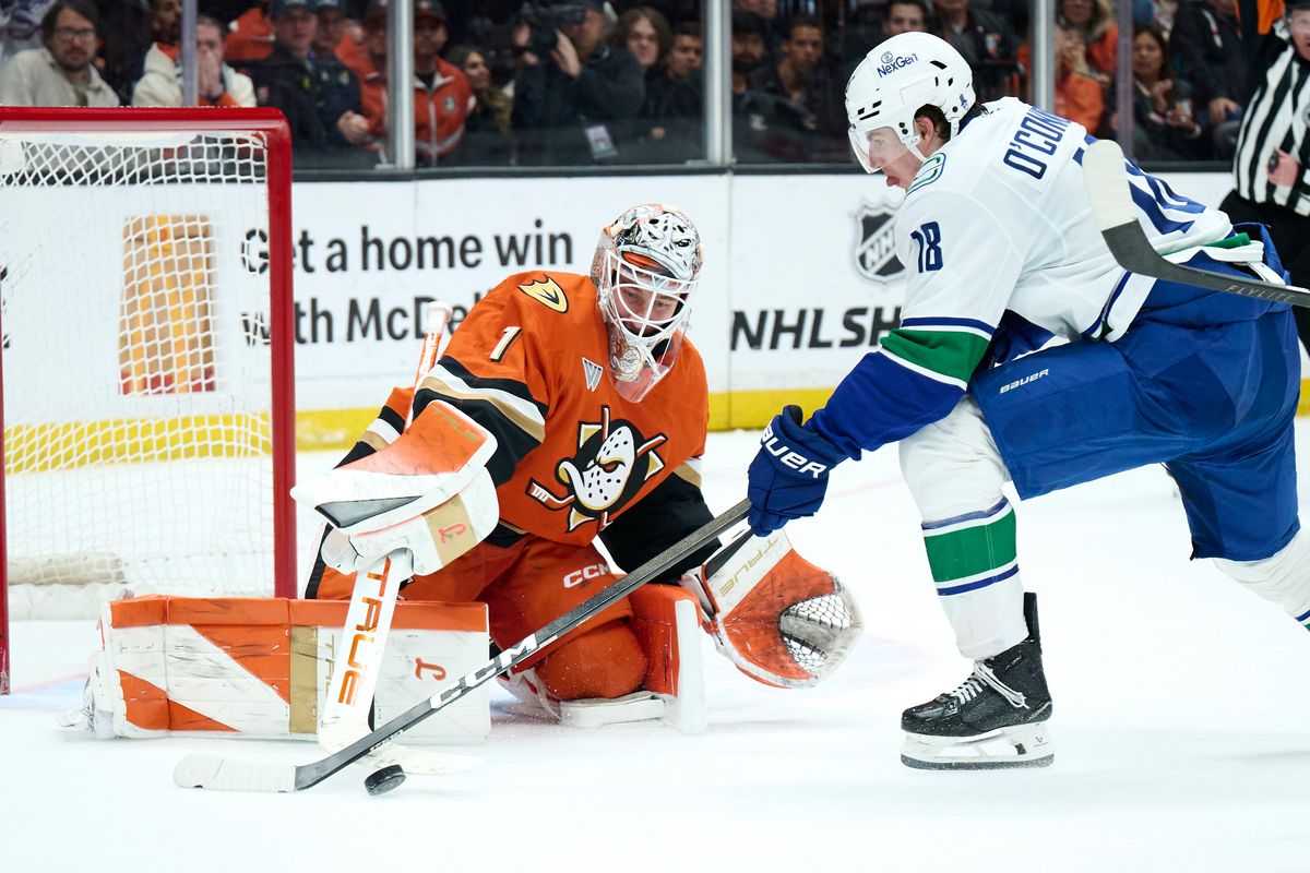 The Anaheim Duck’s Lukas Dostal #1 blocks a goal attempt during an NHL game against the Vancouver Canucks, April 12th, 2026 in Anaheim California.