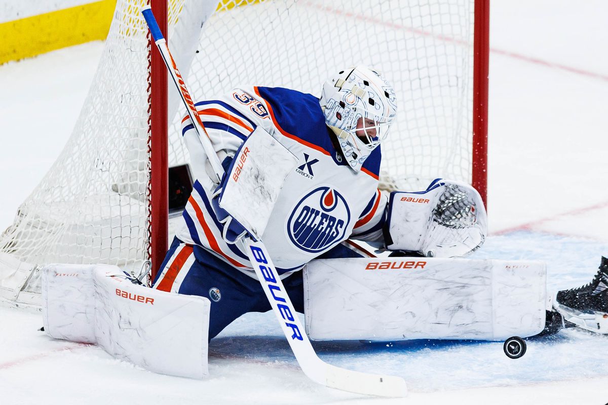 Connor Ingram #39 of the Edmonton Oilers blocks a shot during an NHL Playoffs game against the Anaheim Ducks on April 24, 2026 at Honda Center in Anaheim, California.
