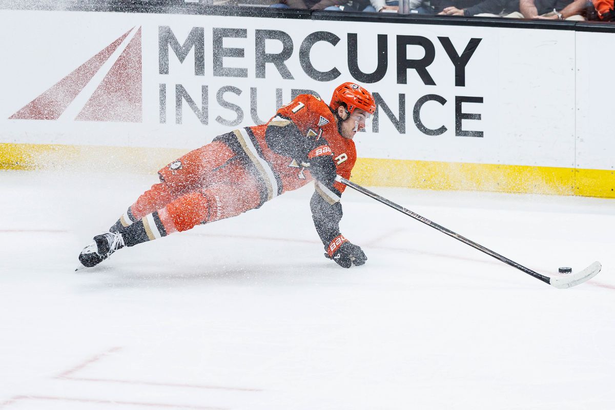 Leo Carlsson #91 of the Anaheim Ducks slips during an NHL Playoffs game against the Edmonton Oilers on April 24, 2026 at Honda Center in Anaheim, California.