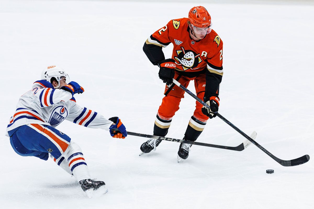 Nathan Gaucher #22 of the Anaheim Ducks handles the puck during an NHL Playoffs game against the Edmonton Oilers on April 24, 2026 at Honda Center in Anaheim, California.