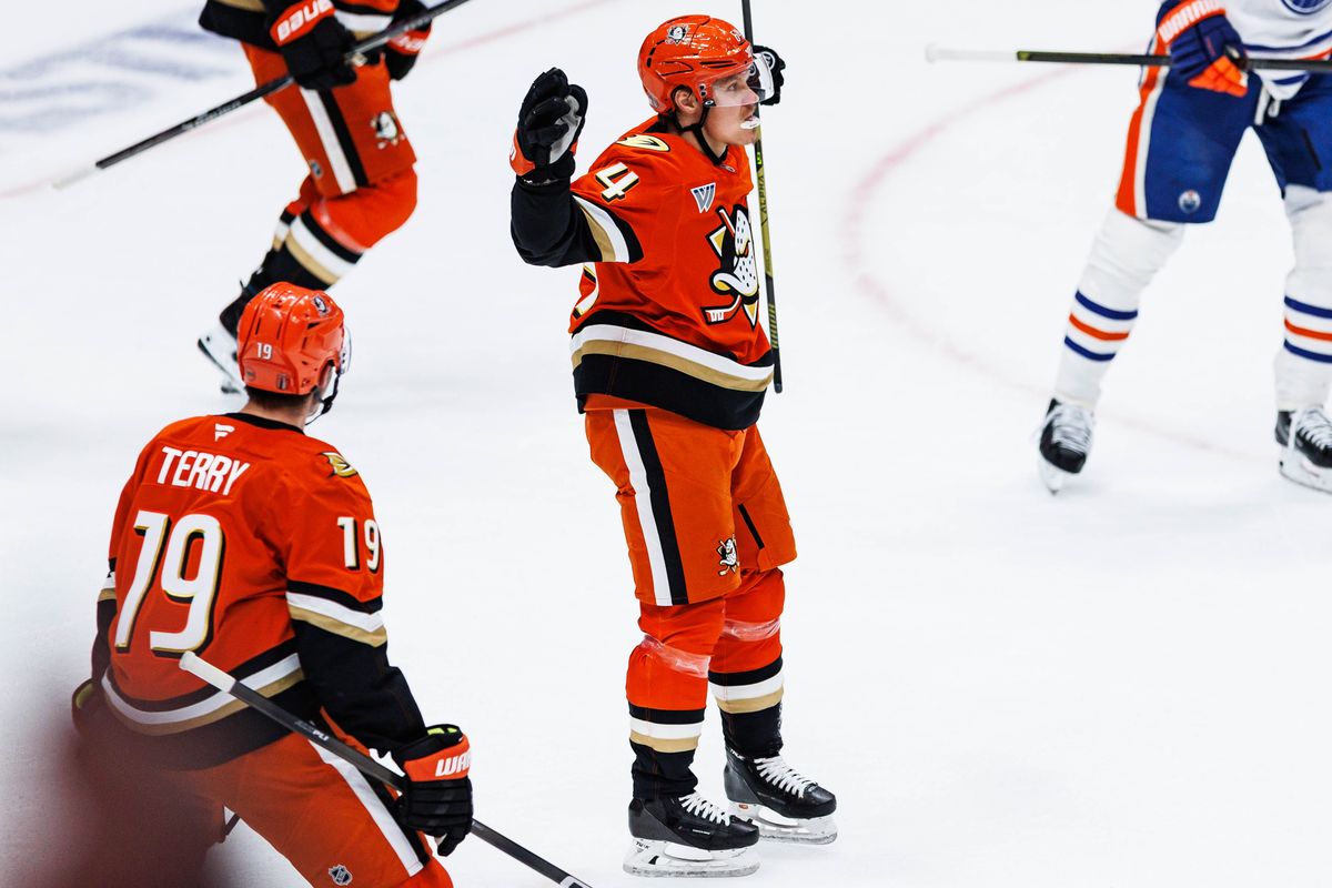 Mikael Granlund #64 of the Anaheim Ducks celebrates after scoring a goal during an NHL Playoffs game against the Edmonton Oilers on April 24, 2026 at Honda Center in Anaheim, California.