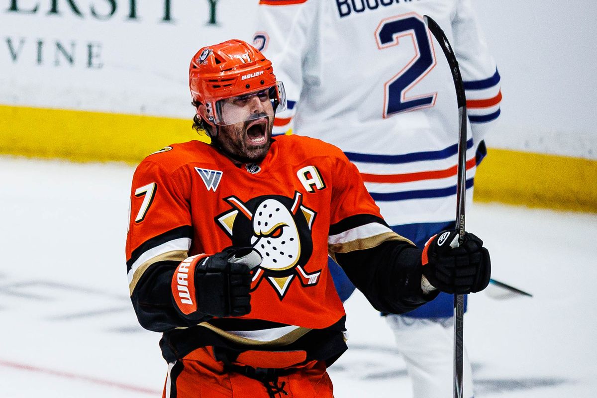 Alex Killorn #17 of the Anaheim Ducks celebrates after scoring a goal during an NHL Playoffs game against the Edmonton Oilers on April 24, 2026 at Honda Center in Anaheim, California.