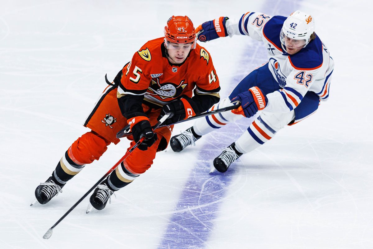 Beckett Sennecke #45 of the Anaheim Ducks skates towards the puck during an NHL Playoffs game against the Edmonton Oilers on April 24, 2026 at Honda Center in Anaheim, California.