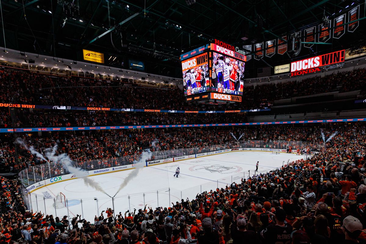 A general view of the arena after a victory during an NHL Playoffs game against the Edmonton Oilers on April 24, 2026 at Honda Center in Anaheim, California.