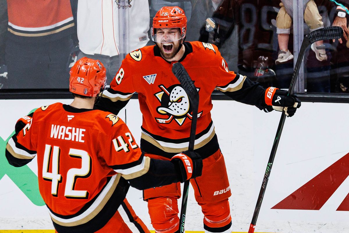 Jeffrey Viel #28 of the Anaheim Ducks (right) celebrates with Tim Washe #42 (left) after scoring a goal during an NHL Playoffs game against the Edmonton Oilers on April 24, 2026 at Honda Center in Anaheim, California.