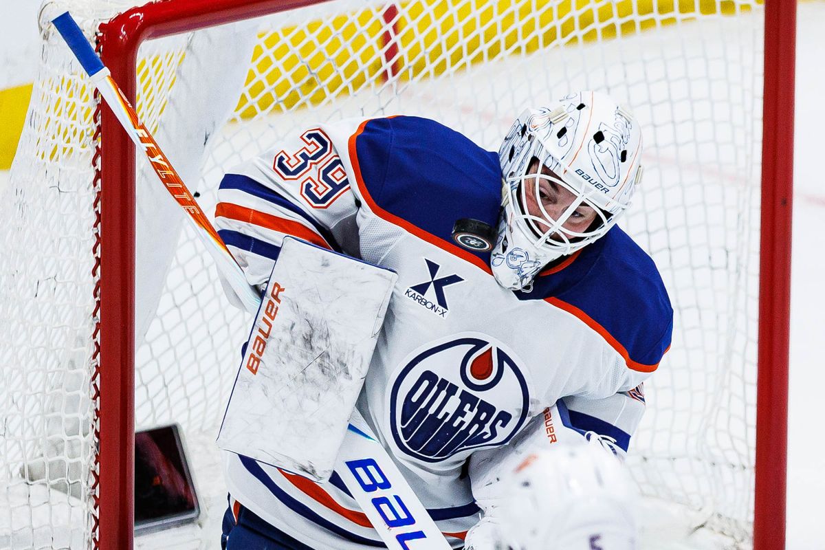Connor Ingram #39 of the Edmonton Oilers blocks a shot during an NHL Playoffs game against the Anaheim Ducks on April 24, 2026 at Honda Center in Anaheim, California.