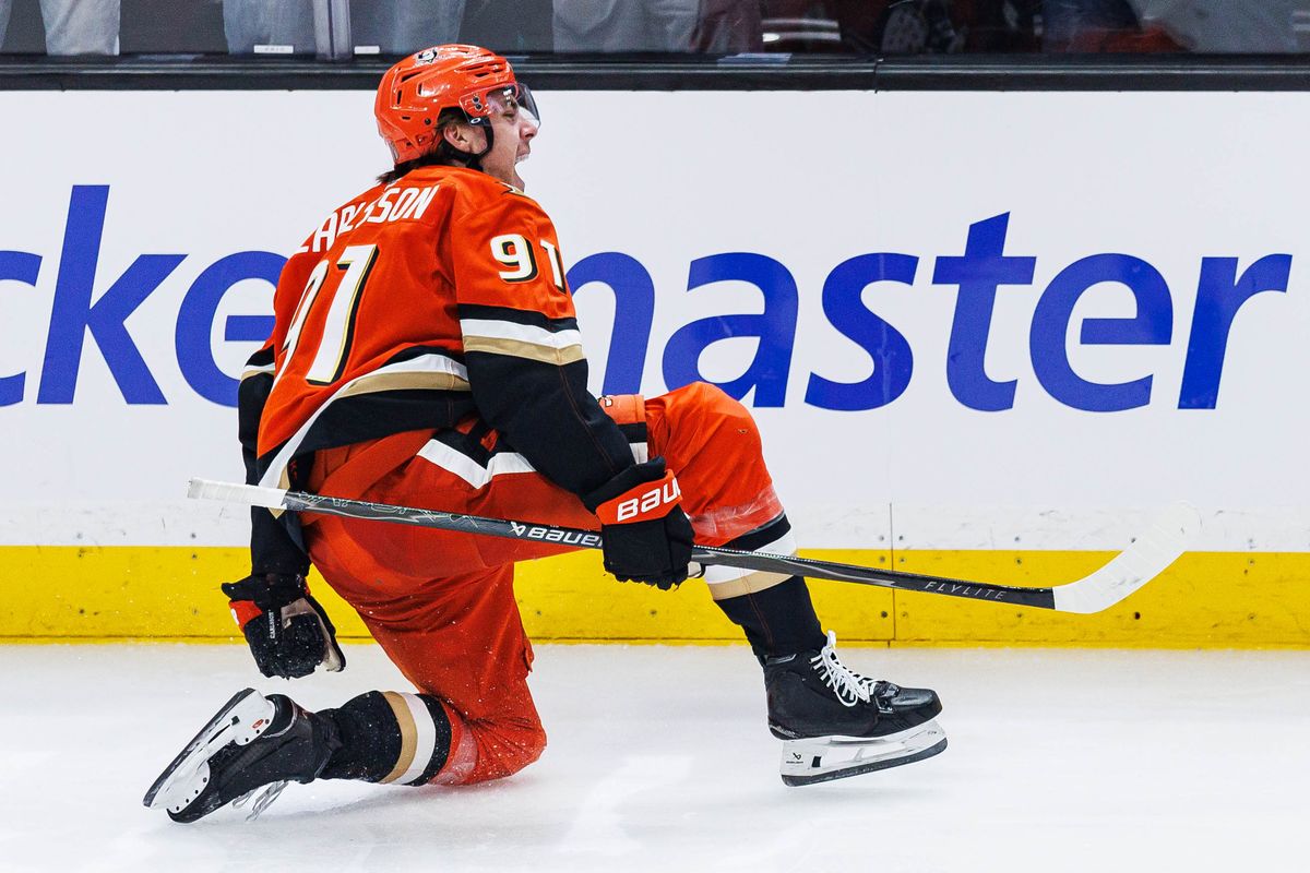 Leo Carlsson #91 of the Anaheim Ducks celebrates after scoring a goal during an NHL Playoffs game against the Edmonton Oilers on April 24, 2026 at Honda Center in Anaheim, California.