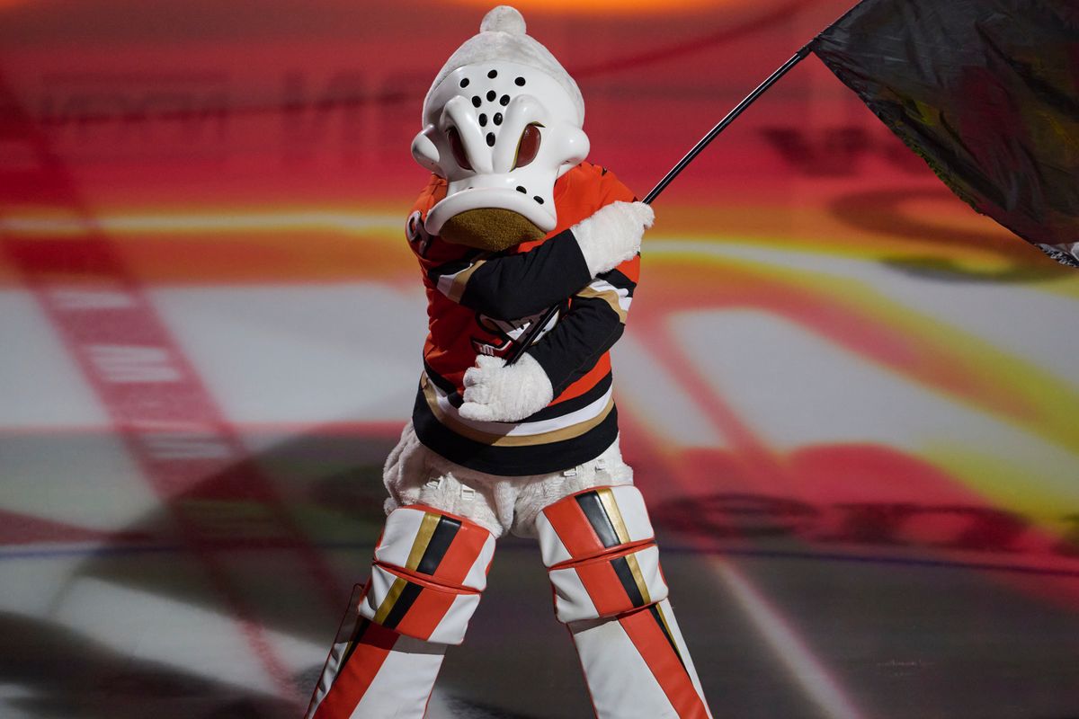 The Anaheim Ducks Wild Thing before an NHL playoff game against The Edmonton Oilers, April 26th, 2026 in Anaheim California.