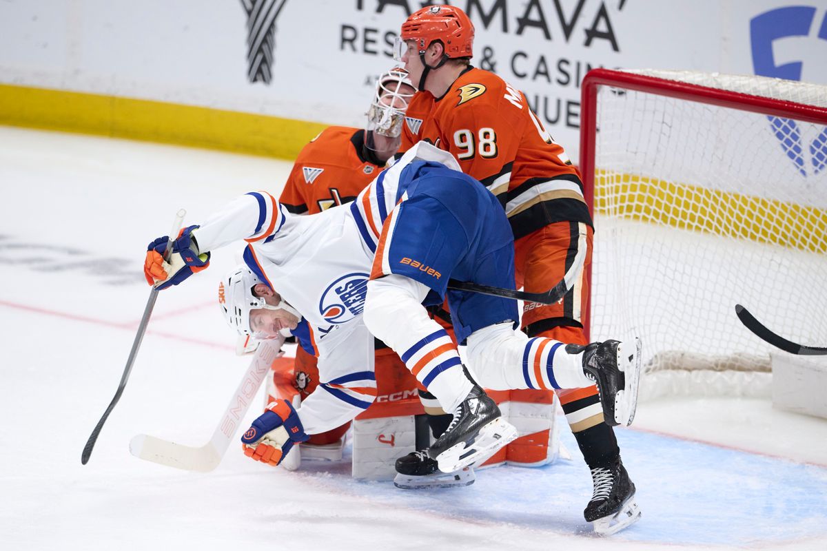 The Anaheim Ducks Pavel Mintyukov #98 plays defense during an NHL playoff game against The Edmonton Oilers, April 26th, 2026 in Anaheim California.