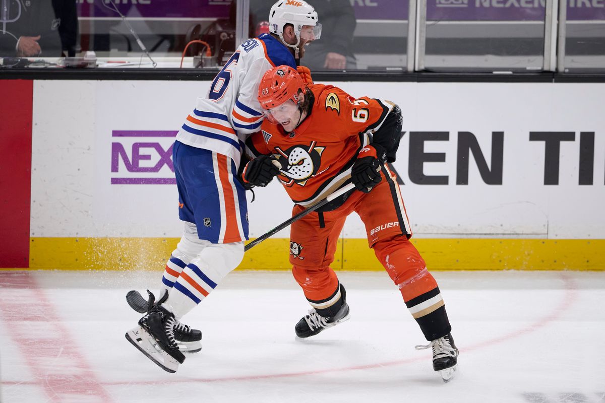 The Anaheim Ducks Jacob Trouba #65 plays defense during an NHL playoff game against The Edmonton Oilers, April 26th, 2026 in Anaheim California.