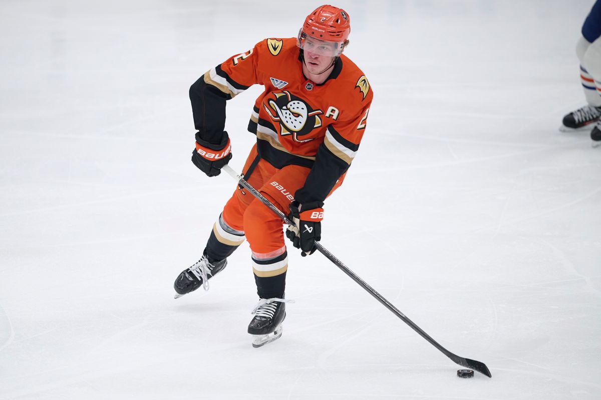 The Anaheim Ducks Jackson LaCombe #2 skates with the puck during an NHL playoff game against The Edmonton Oilers, April 26th, 2026 in Anaheim California.