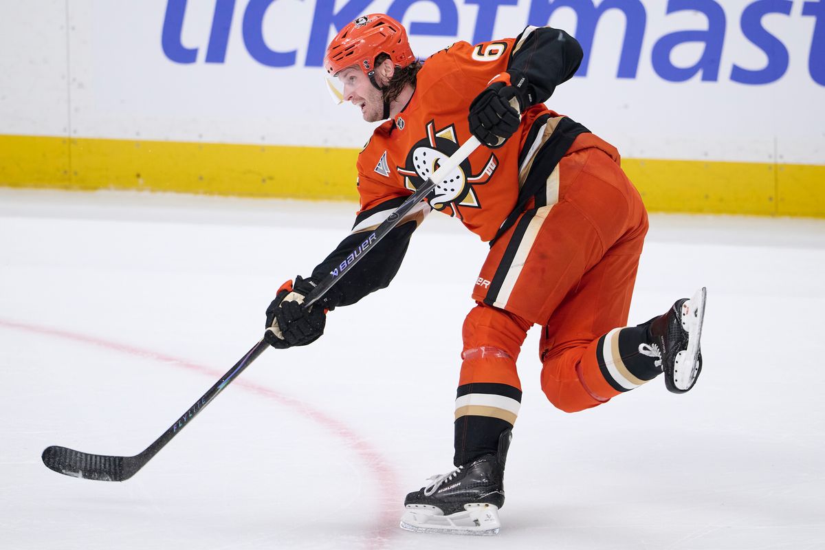 The Anaheim Ducks Jacob Trouba #65 shoots a goal attempt during an NHL playoff game against The Edmonton Oilers, April 26th, 2026 in Anaheim California.