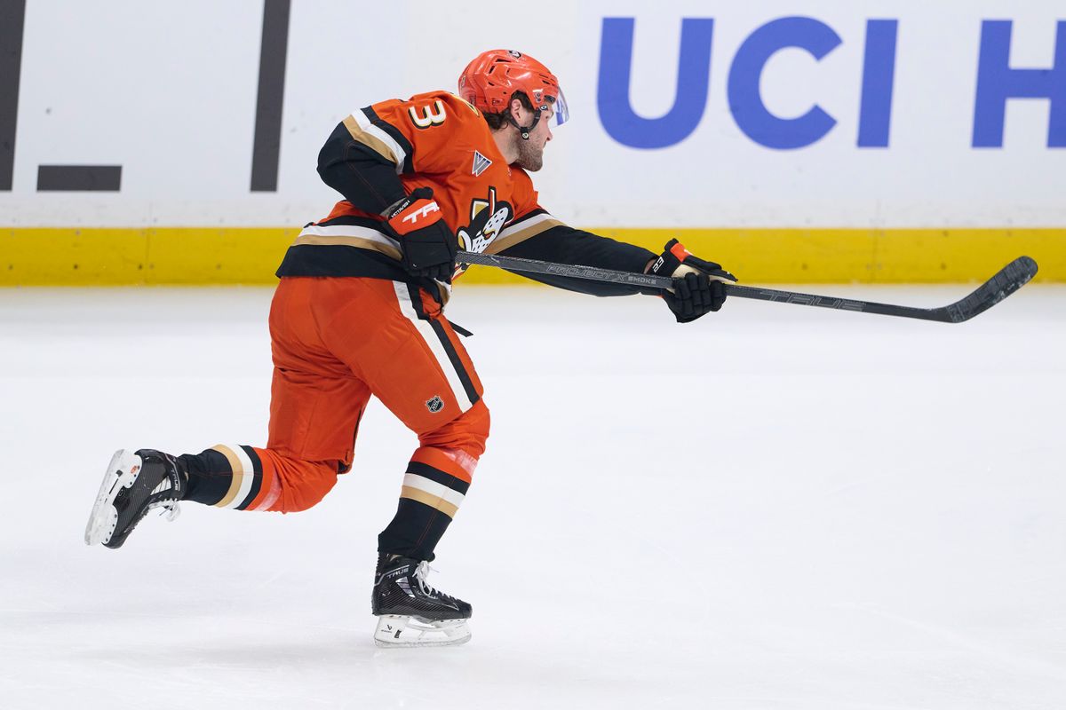 The Anaheim Ducks Mason McTavish #23 shoots a goal attempt during an NHL playoff game against The Edmonton Oilers, April 26th, 2026 in Anaheim California.