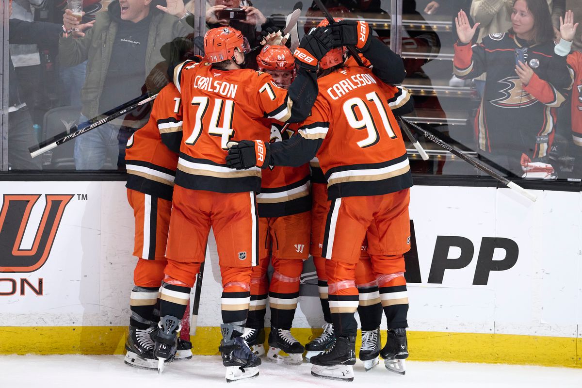The Anaheim Ducks celebrate a goal during an NHL playoff game against The Edmonton Oilers, April 26th, 2026 in Anaheim California.