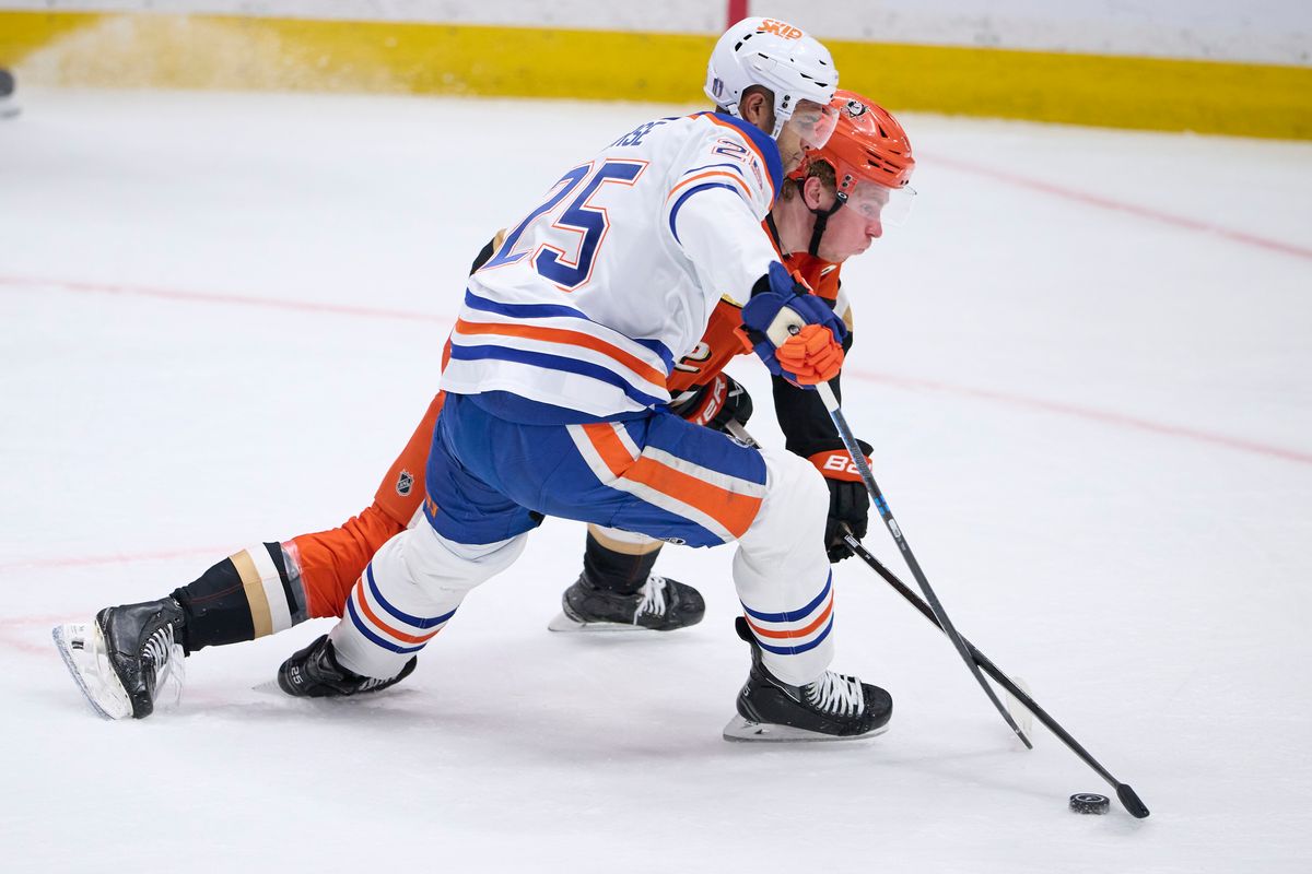 The Anaheim Ducks Jackson LaCombe #2 fights for the puck during an NHL playoff game against The Edmonton Oilers, April 26th, 2026 in Anaheim California.