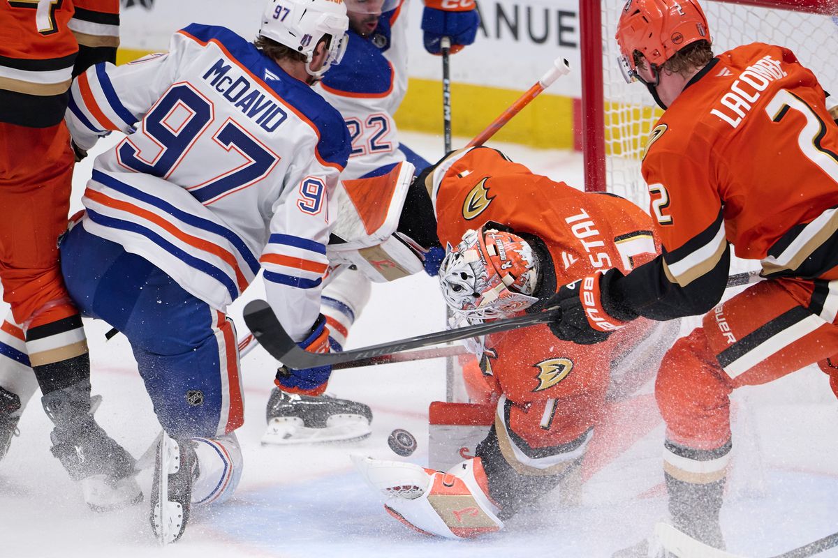 The Anaheim Ducks Lukas Dostal #1 defends the goal during an NHL playoff game against The Edmonton Oilers, April 26th, 2026 in Anaheim California.