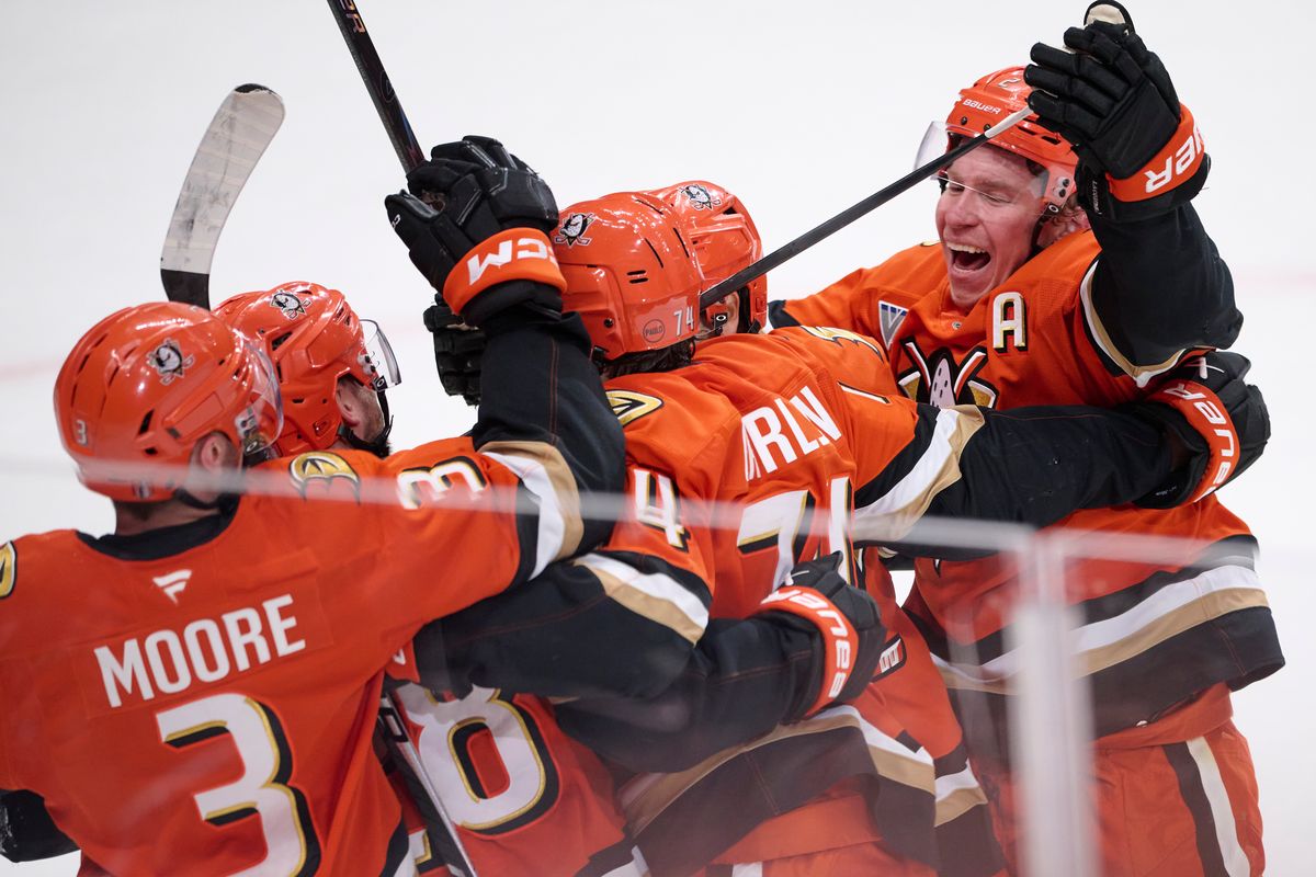 The Anaheim Ducks celebrate a goal during an NHL playoff game against The Edmonton Oilers, April 26th, 2026 in Anaheim California.